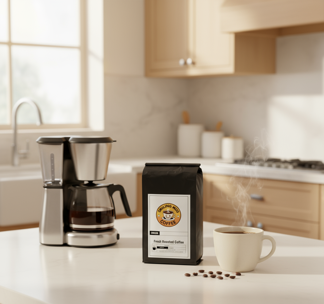 Coffee maker, bag of coffee, and steaming cup on a kitchen counter.
