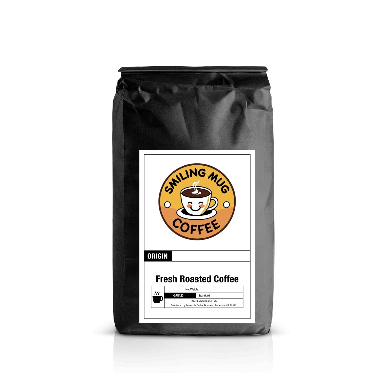 Black coffee bag with a 'Smiling Mug Coffee' label on a white background